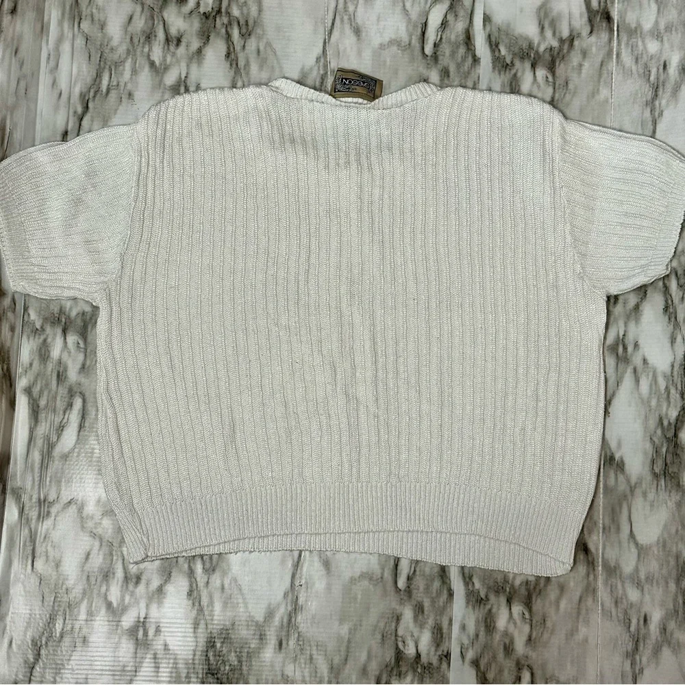 Women's White Cable Knit Sweater Vintage 90s Rayon Blend Cropped Short Sleeve